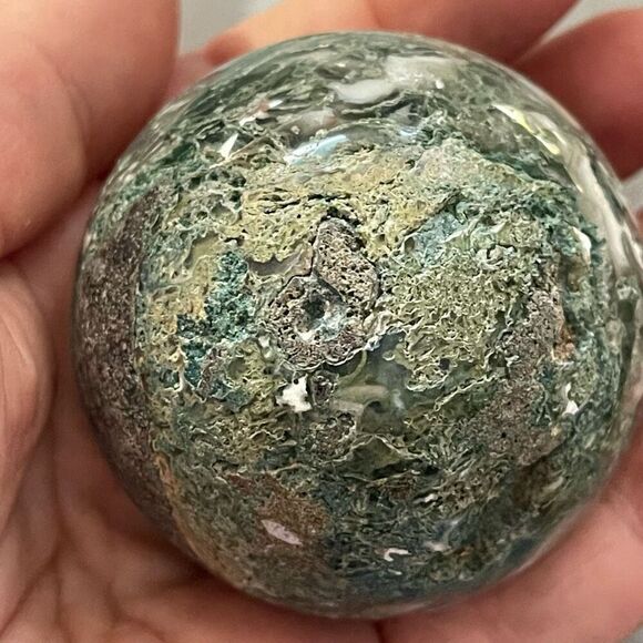 Moss Agate sphere crystal healing green white druzy 65mm 2.5” - Picture 7 of 11